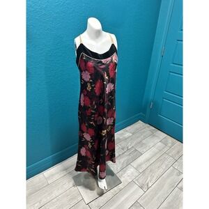 Halston Womens Dark‎ Romantic Satin Slip Dress Floral Feminine Velvet Trim PL